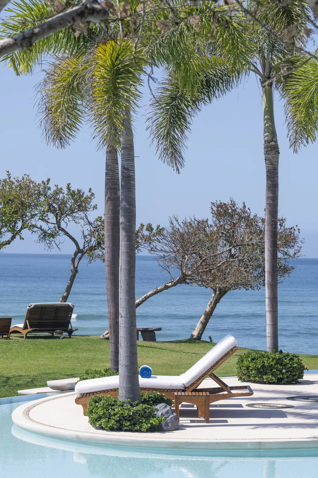 A lounger beneath the palms on the lawn, looking out to the sea