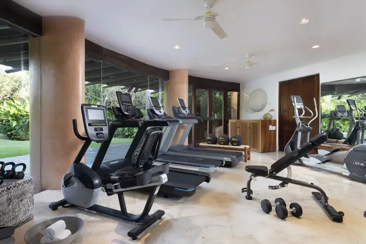 The gym with cardio machines and free weights, opening to the garden