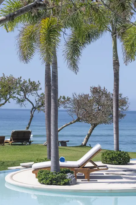 A lounger beneath the palms on the lawn, looking out to the sea